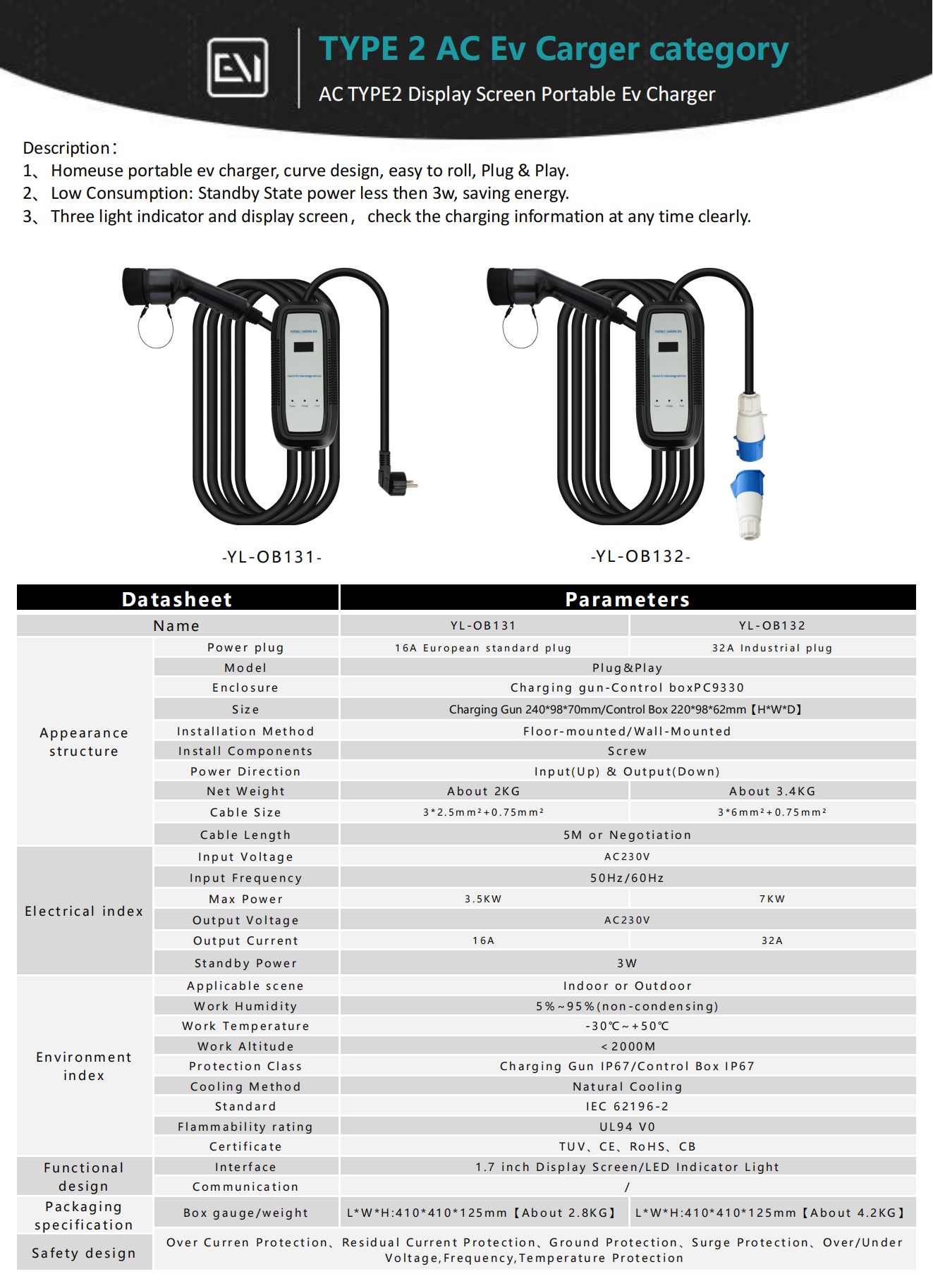 AC Type 2显示屏便携式电动汽车充电器