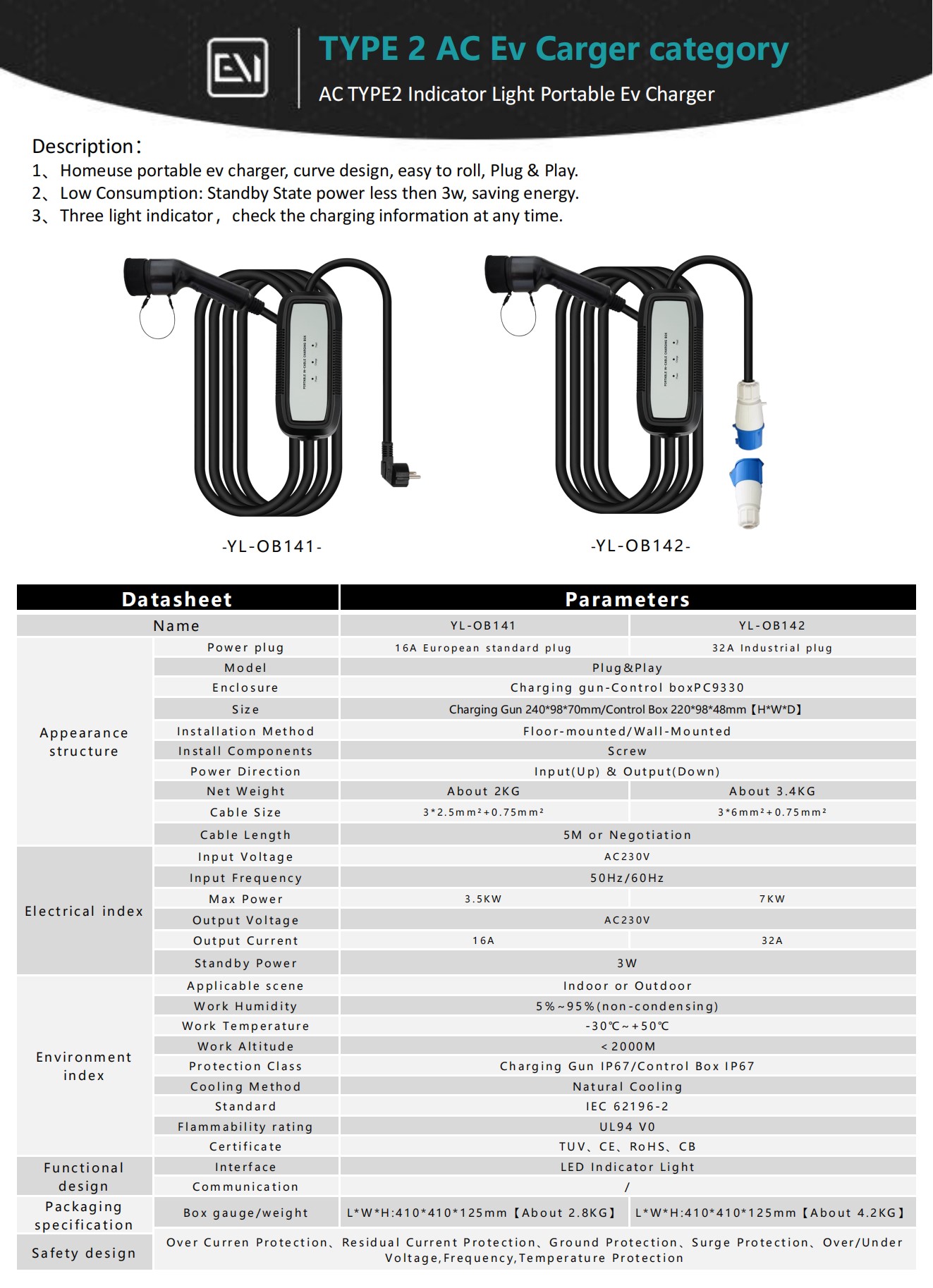 AC Type 2指示灯便携式电动汽车充电器