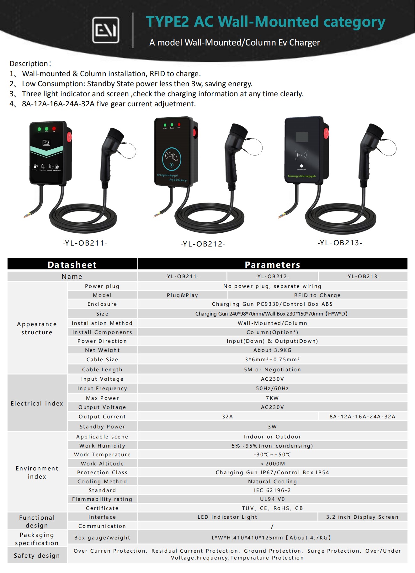 Type 2 AC A model Wall-mounted Column EV Charger