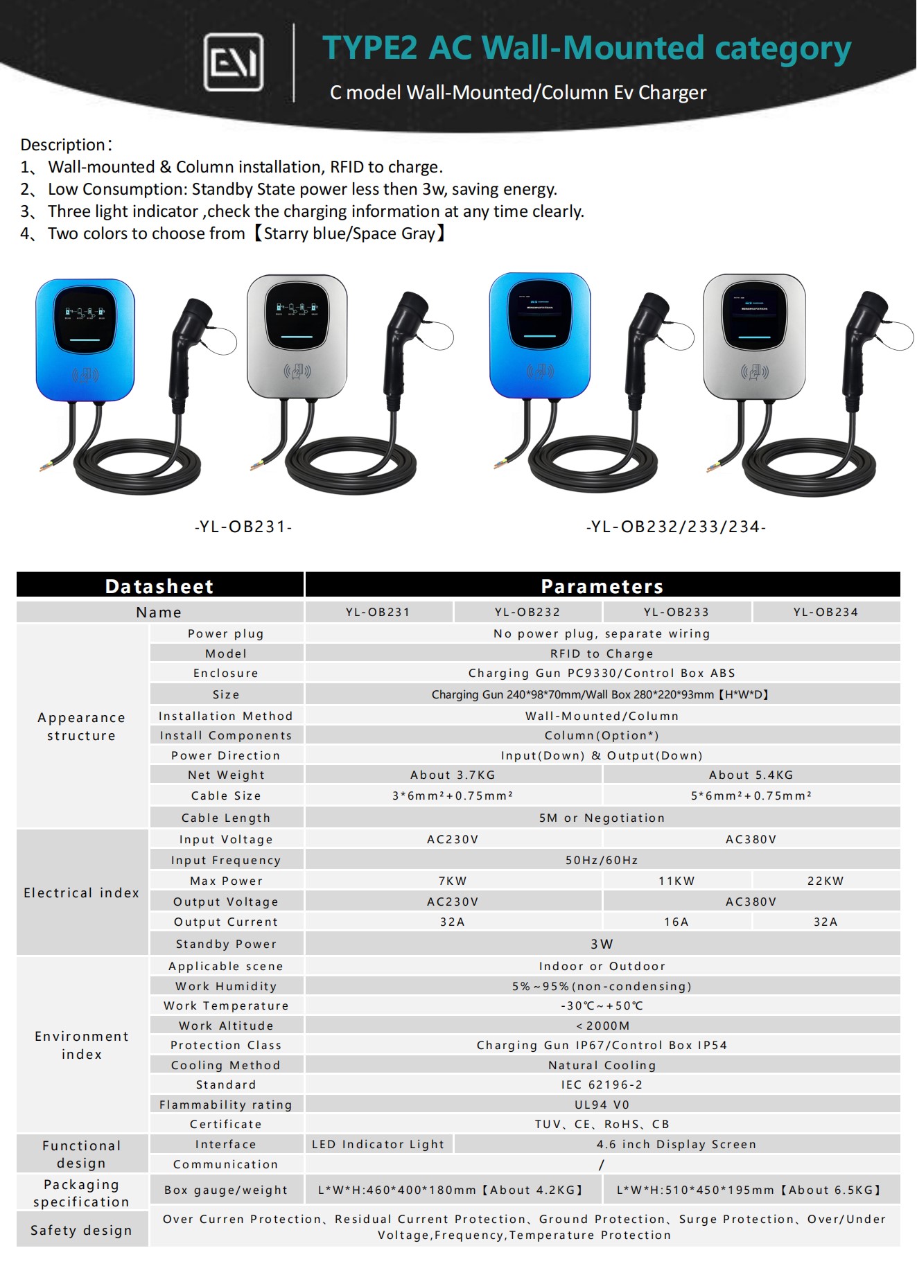 Type 2 AC C model Wall-mounted Column EV Charger