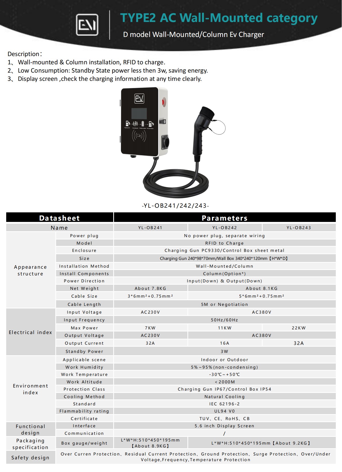 Type 2 AC D model Wall-mounted Column EV Charger