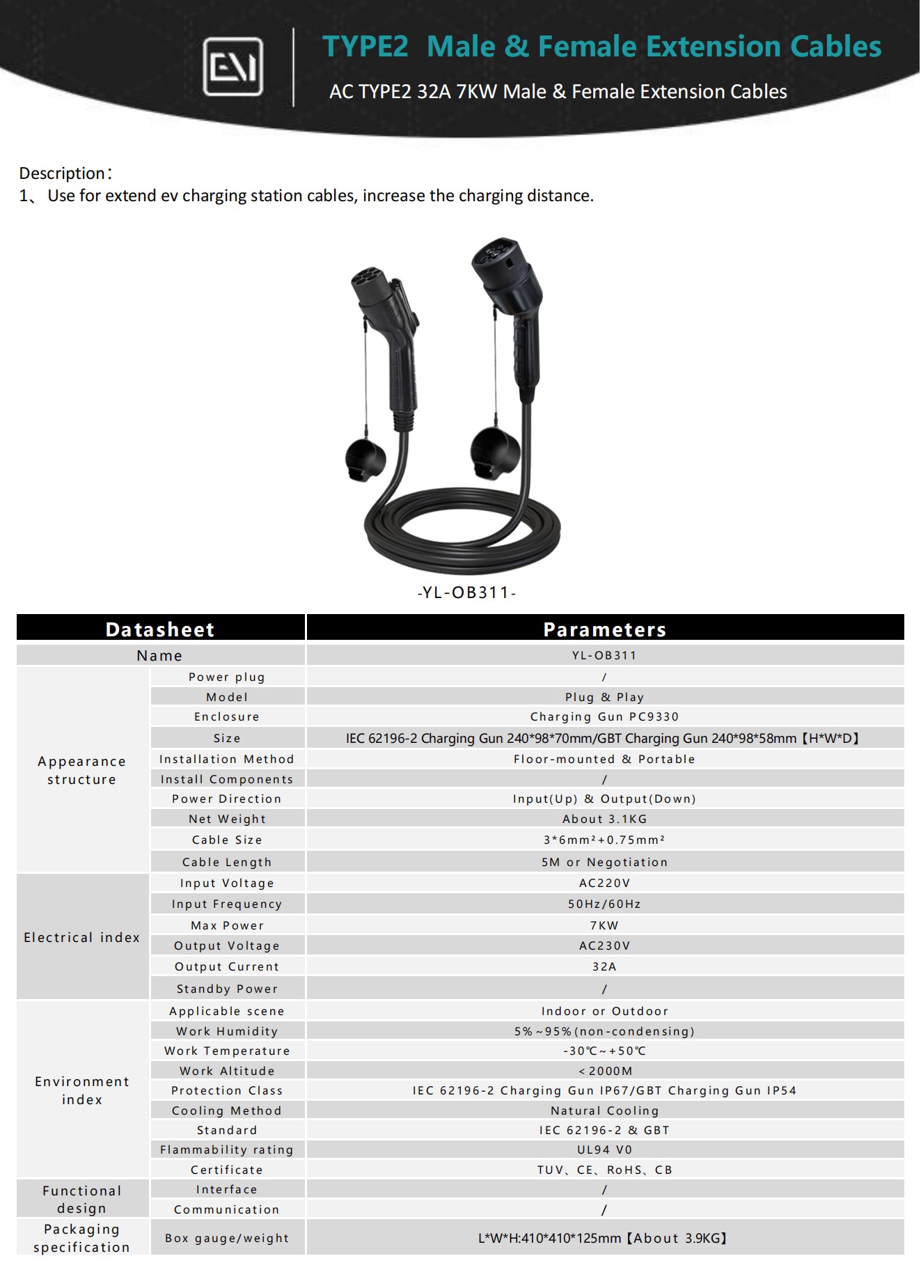 Type 2 AC 32A 7KW male & female extension cables