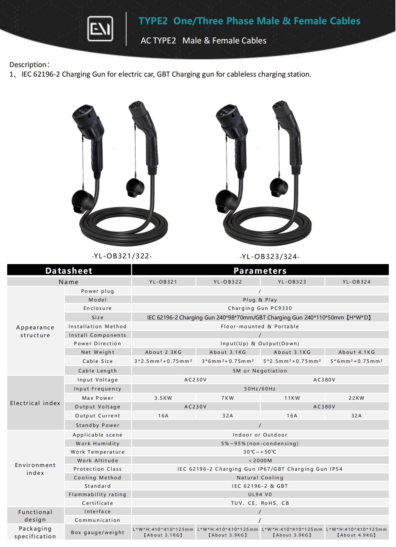 Type 2 AC One/Three phase Male & Female Cables